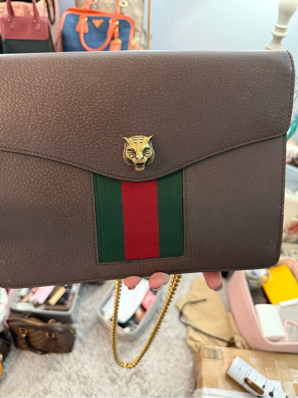 Gucci Brown Leather Crossbody with Green and Red Web Stripe
